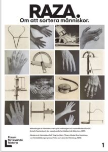 Bild på affisch från Levande historia - RAZA med bilder av rasbiologiska mätinstrument och händer.
